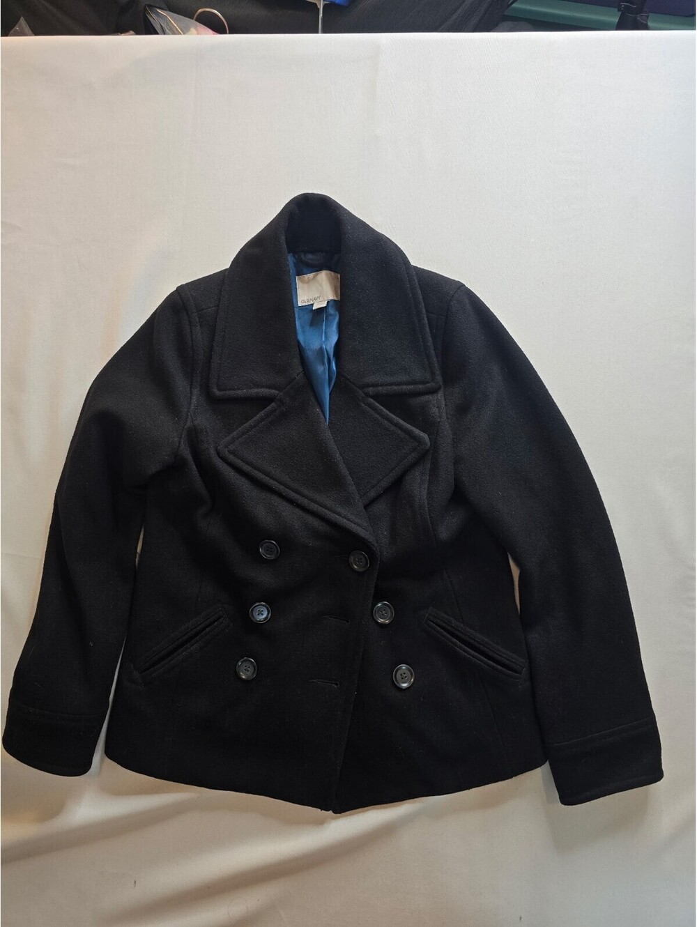 Old Navy Peacoat Small S Black 70% Wool Double Breasted Lined Winter Jacket Mens